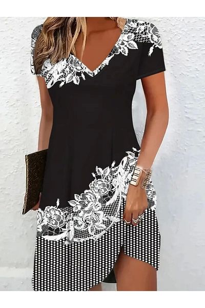 ceylinmoda Rochie de damă cu mâneci scurte, cu decolteu în V, cu imprimeu floral