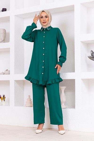 OKTAYUSTA COLLECTİON Stone Detailed Modal Cotton Double Bottom-Top Set Emerald Green
