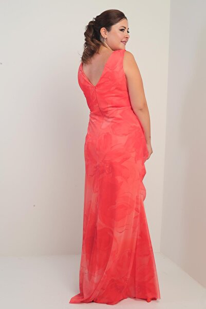 By Saygı Women's Front Back V Neckline Lined Front Draped 3D Floral Print Plus Size Tulle Long Dress