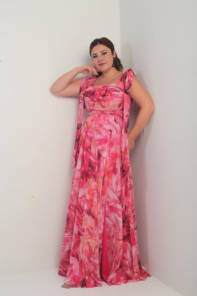 By Saygı Women's Degaje Collar Shoulder Tie Lined Leaf Pattern Plus Size Crepe Chiffon Long Dress