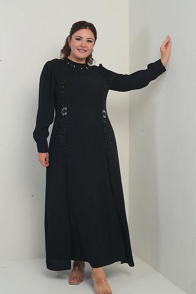 By Saygı Women's Stone-Bead Printed Plus Size Hijab Long Dress