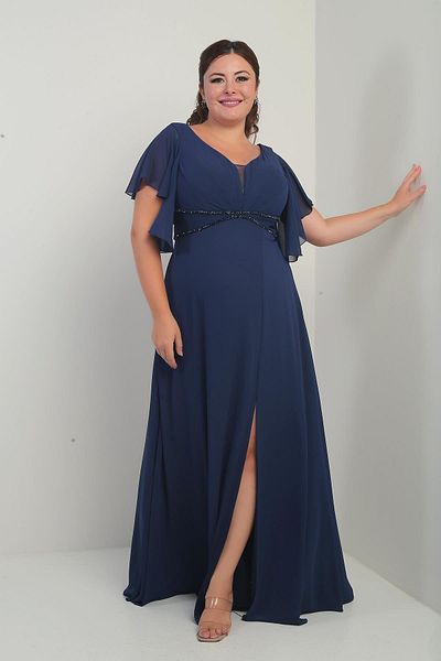 By Saygı Women's Front Back V Neck Flounced Sleeve Lined Waist Beaded Pockets Plus Size Chiffon Dress