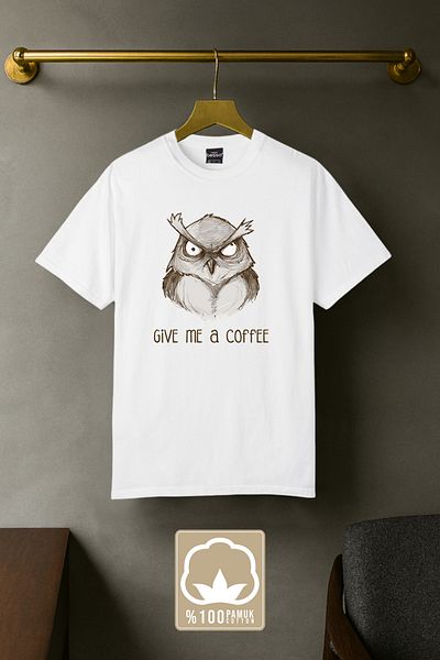 BESSA Λευκό μπλουζάκι με στάμπα κουκουβάγιας Give Me a Coffee Written Oversize Fit 100% βαμβάκι