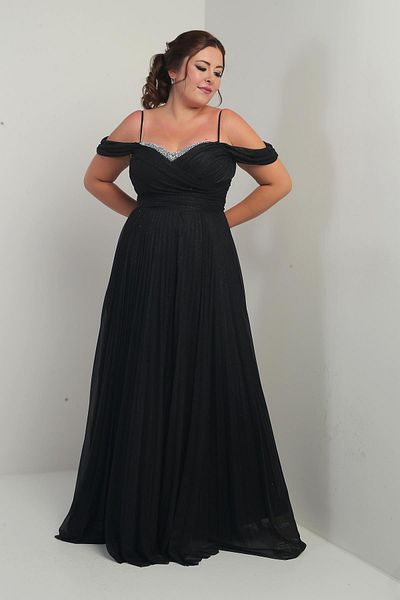 By Saygı Women's Stone Embroidered Strapless Neckline Rope Strap Off Shoulder Silvery Long B.B. Dress