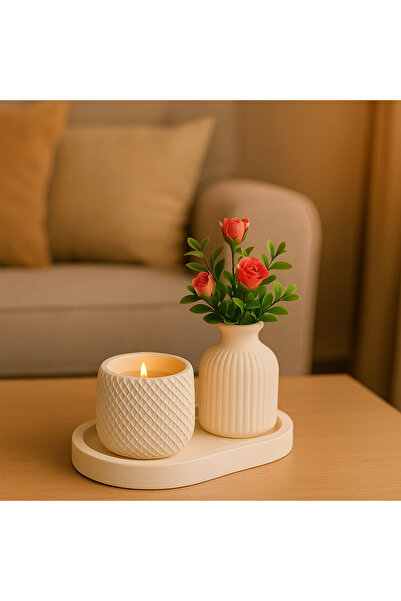 Havalı Tasarım Dekoratif Seramik Vazo & Mumluk Seti – Masaüstü Süs Ve Şık Hed...
