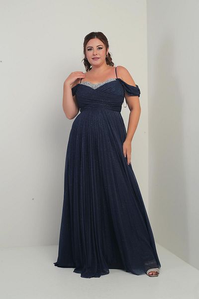 By Saygı Women's Stone Embroidered Strapless Neckline Rope Strap Off Shoulder Silvery Long B.B. Dress