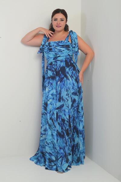 By Saygı Women's Degaje Collar Shoulder Tie Lined Leaf Pattern Plus Size Crepe Chiffon Long Dress