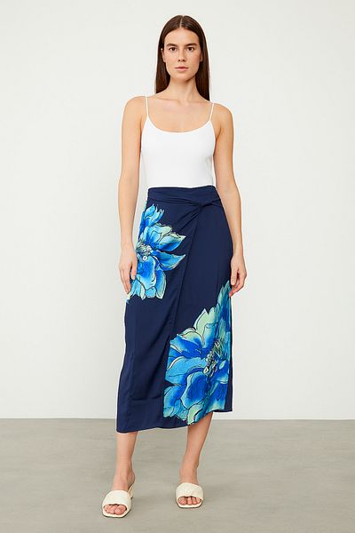 Noi Belis Navy Blue Midi Length Floral Patterned Double Breasted Satin Skirt Ss25Et0003