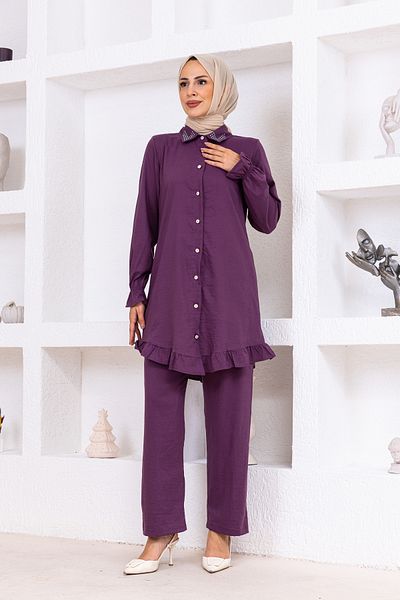 OKTAYUSTA COLLECTİON Stone Detailed Modal Cotton Double Bottom-Top Set Lilac
