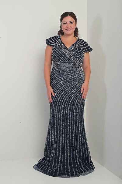 By Saygı Women's Front Back V-Neck Stone Printed Lined Plus Size Fish Dress