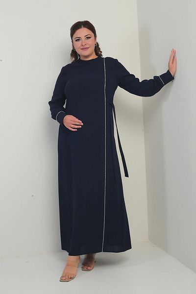 By Saygı Women's Long Crepe Dress with Zippered Sleeves, Stone Detail, Side Tie, Plus Size