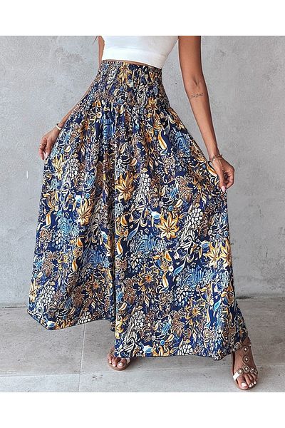 Masspera High Waist Elastic Waist Patterned Wide Leg Single Jersey Pants