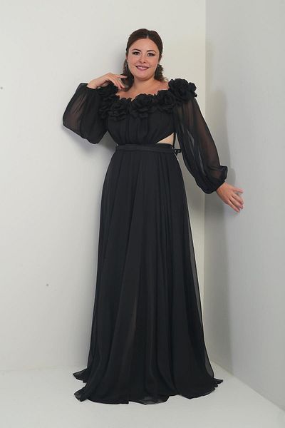 By Saygı Floral Madonna Collar Belted Lined Chiffon B.B. Long Dress