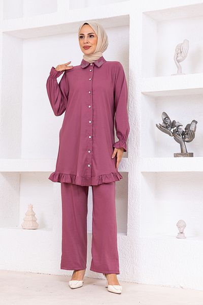 OKTAYUSTA COLLECTİON Stone Detailed Modal Cotton Double Bottom-Top Set Dusty Rose