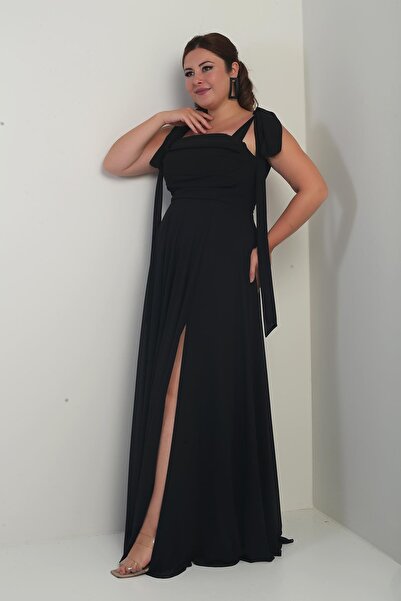 By Saygı Γυναικείο μακρύ φόρεμα από σιφόν κρεπ με γιακά Degaje με δεμένο ώμο