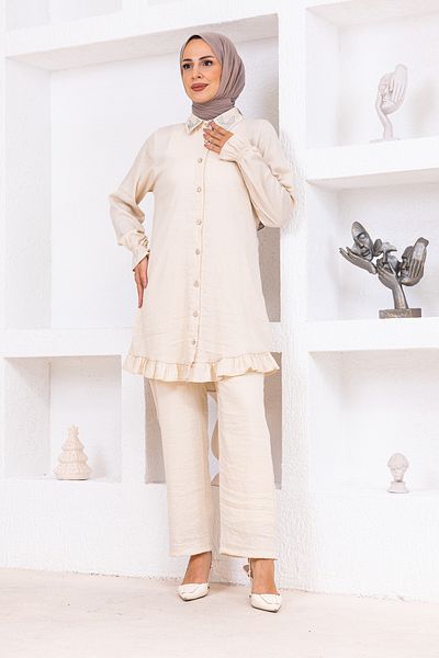 OKTAYUSTA COLLECTİON Stone Detailed Modal Cotton Double Bottom-Top Set Beige