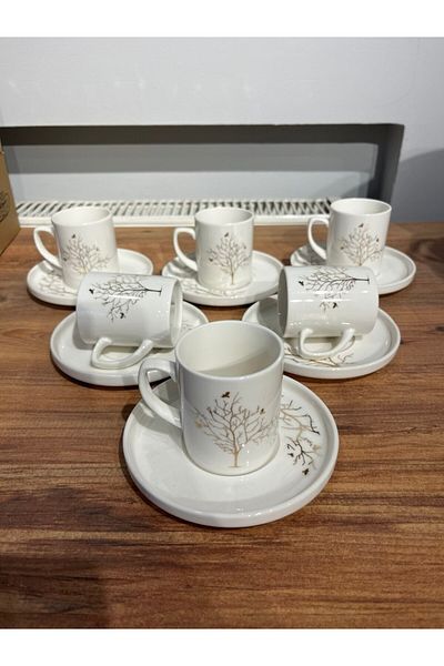 ColorCraft Coffee Cup Set for 6 People 12 Pieces Porcelain White Tree of Life Patterned