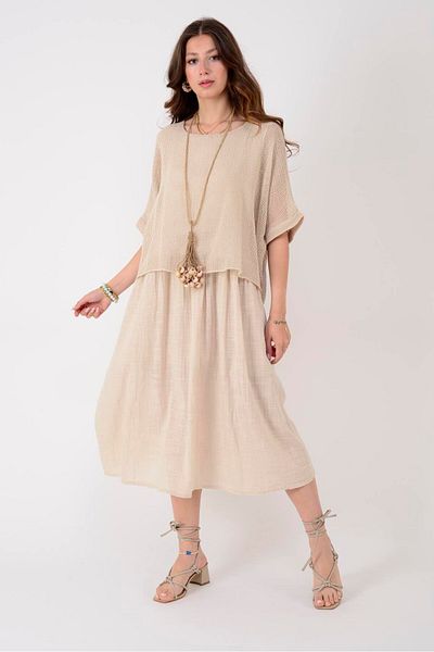 ZTO Women's Lined Mesh Detail Linen Dress