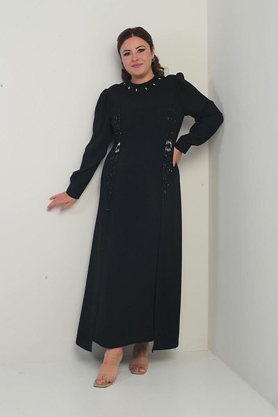 By Saygı Women's Stone-Bead Printed Plus Size Hijab Long Dress