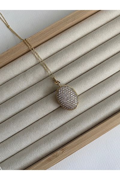 Pinery Jewels Oval Zircon Stone Stainless Steel Women's Necklace with Openable Inner Cover for Photo Storage