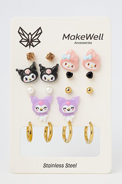 MakeWell 925 Ayar Gümüş İğneli Kuromi My Melodi Tasarımlı Zirkon Tektaş ve Çelik Halka Küpeli 9'lu Çocuk Seti