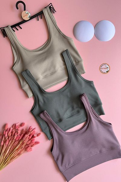 VicTroy Zaphir |   3-Piece Cream, Green and Dusty Rose Colored Strap Camisole Women's Sports Tank Top with Pads