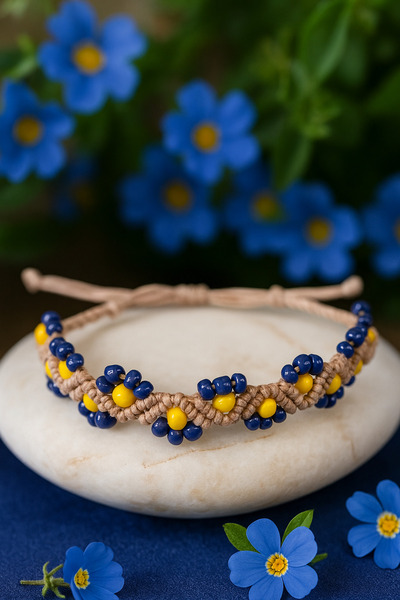 puffydik Half Flower Patterned Macrame Bracelet – Navy Blue & Yellow Beaded B...