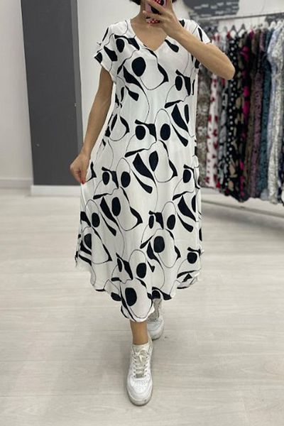 AYASOFYA OTANTIK Women's White Ethnic Floral Print Loose Relaxed Fit Short Sleeve Midi Dress