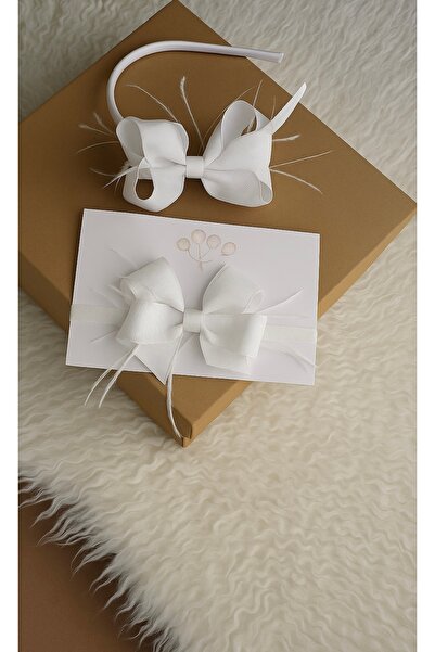 Massaltay White Bow Feathered Maternity Crown and Baby Bandana – Stylish Hospital Exit Set Compatible with Mother and Baby