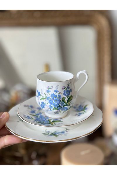 Royal Albert Antique Royal Albert Forget Me Not Floral Forget Me Not Porcelain Coffee Cup Trio Set of 3