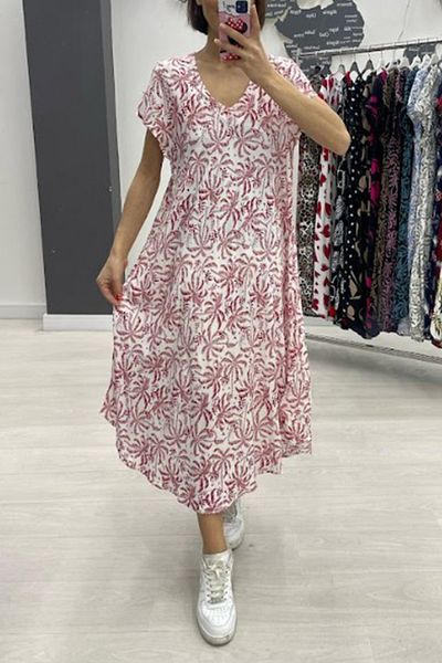 AYASOFYA OTANTIK Rochie midi cu mânecă scurtă, cu model floral etnic, alb, fucsia, pentru femei