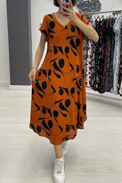 AYASOFYA OTANTIK Women's Cinnamon Ethnic Floral Print Loose Relaxed Fit Short Sleeve Midi Dress