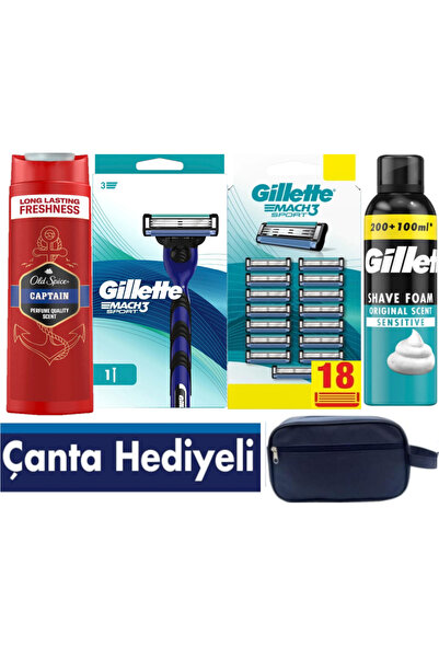 Gillette Mach3 Sport Makine+18 Yedek Bıçağı + 300ml Köpük +OldSpice 400ml Şam...