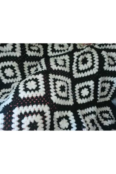eL&Ma Design El Örgüsü Siyah & Beyaz Motifli Tek Kişilik Tam Boy Kalın Taraftar Battaniyesi