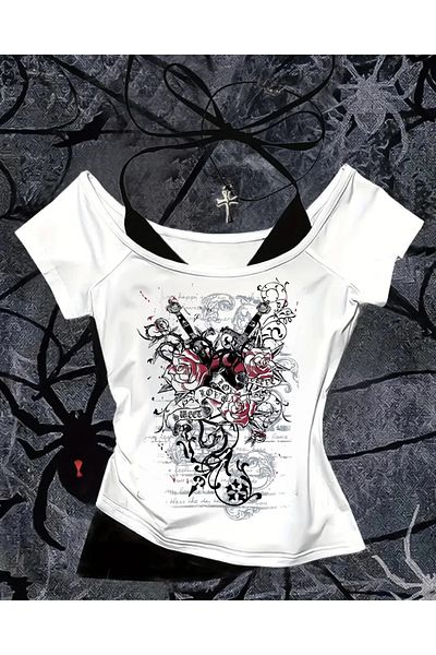 Touz Moda ياقة حب بيضاء على الطراز القوطي باللون الأحمر مع حزام إضافي وأكمام قصيرة لكامل الجسم