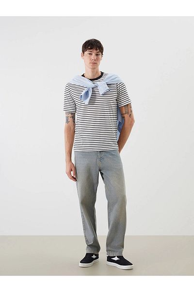 LC Waikiki Xside Black Crew Neck Striped Combed Cotton Men's T-Shirt