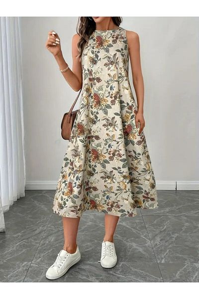 Masspera Round Neck Floral Patterned Midi Length Imported Linen Dress
