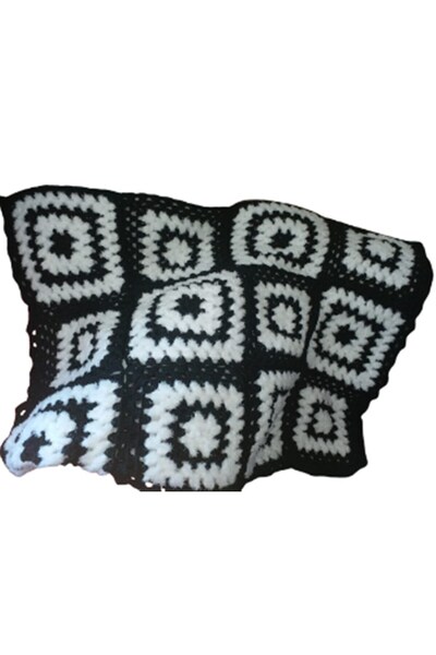 eL&Ma Design El Örgüsü Siyah & Beyaz Motifli Tek Kişilik Tam Boy Kalın Taraftar Battaniyesi