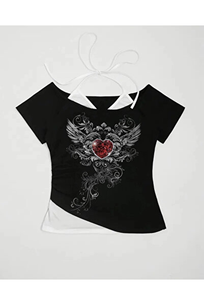 Touz Moda Black Gothic Red Love Collar Short Sleeve Full Body Crop with Additional Strap