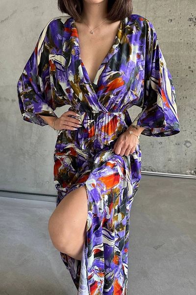KAZAX Recommended Safe Seller Woven Printed Bat Sleeve Dress S8124
