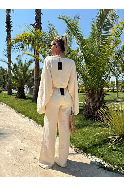 NET OF NOT Gloria Beige Muslin Fabric Blouse Trousers Set