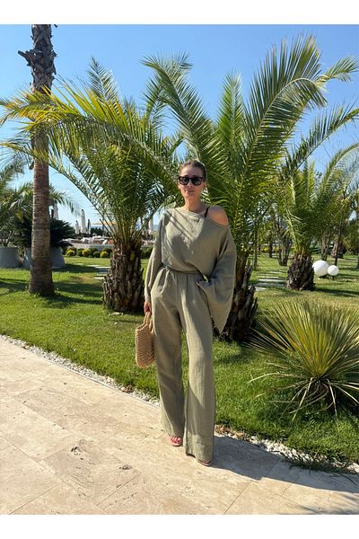 NET OF NOT Gloria Khaki Muslin Fabric Blouse Trousers Set