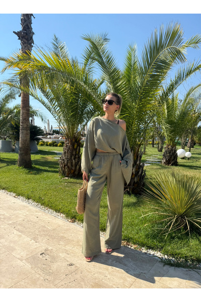 NET OF NOT Gloria Haki Müslin Kumaş Bluz Pantolon Takım