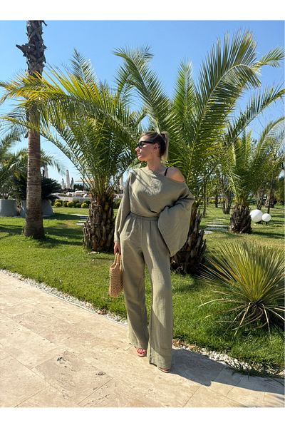 NET OF NOT Gloria Khaki Muslin Fabric Blouse Trousers Set