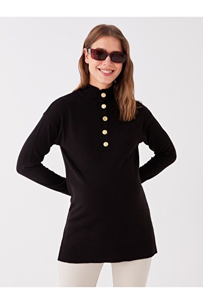 LC Waikiki Μαύρο μισό ζιβάγκο με μακρύ μανίκι πλεκτό τούνικ εγκυμοσύνης