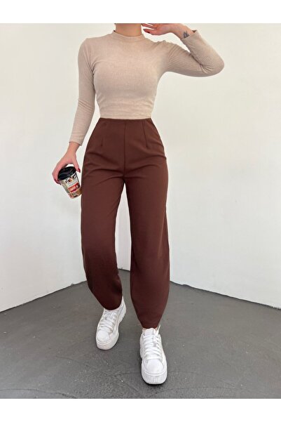 ALPACO Pantaloni cu talie elastică - maro