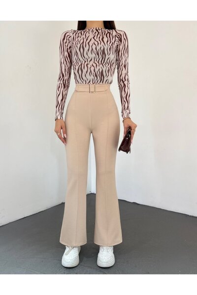 ALPACO Pantaloni cu talie elastică cu detaliu de cataramă pentru curea - piatră