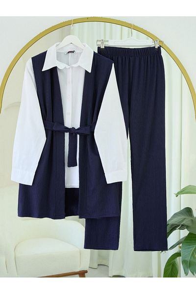 Modamorfo Waist Belted Side Pocket Vest Trousers Crinkle Suit - Navy