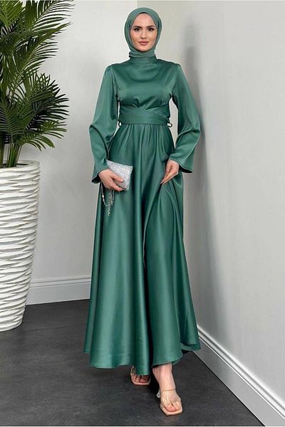 TRENDTESETTÜR Women's Green (K.Çağla) Belted Tesetture Evening Dress t 5016