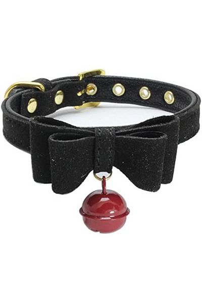 Mcdobexy Zgardă pentru câini cu papion și clopoțel, piele PU/metal/textil, negru/auriu/roșu XXS, 17-23cm